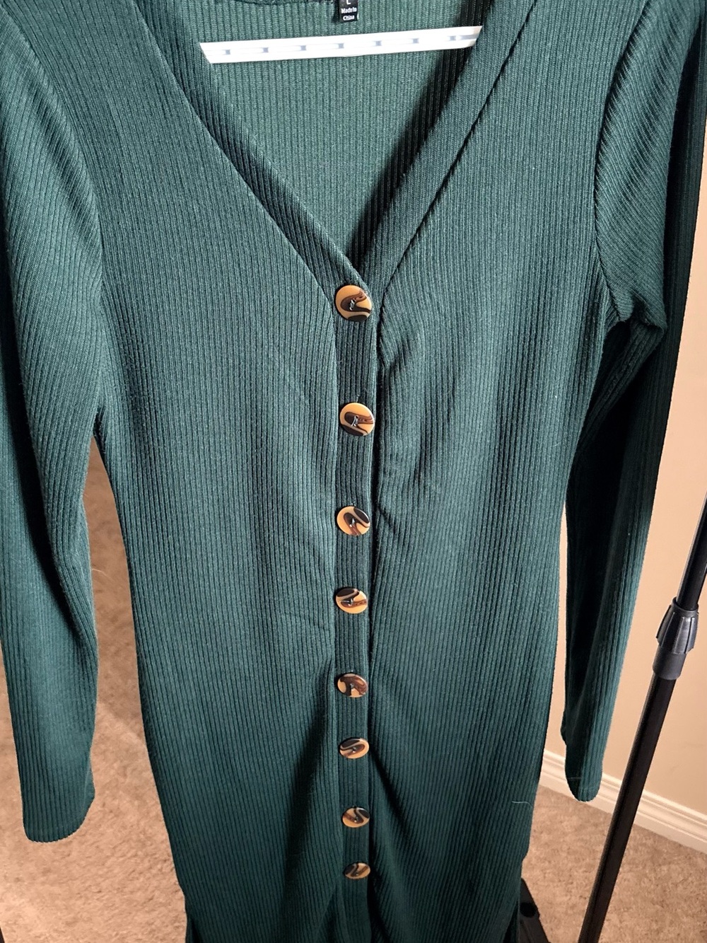 Fashion Nova Dark Green Ribbed Button-Down V-Neck Dress